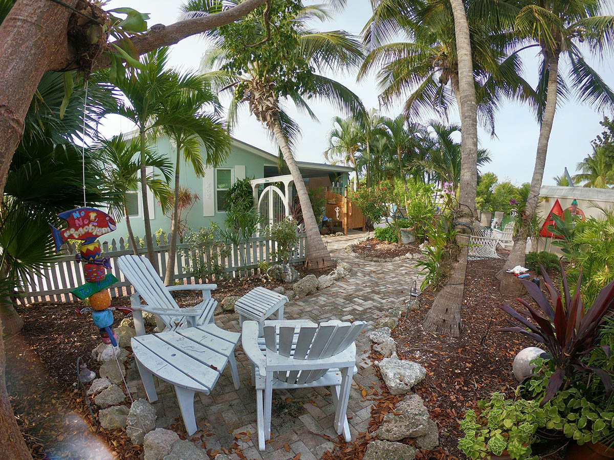 Palm and orchid Garden includes 2 person hammock, garden art, Adirondack chairs, automatic lighting and shade